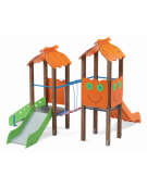 Mini torre doppia con tetto, pali in alluminio rifiniti legno light, 1 scivolo in acciao e 1 in polietilene - cm 330x362x264h