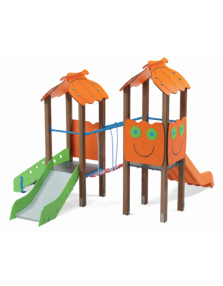 Mini torre doppia con tetto, pali in alluminio rifiniti legno light, 1 scivolo in acciao e 1 in polietilene - cm 330x362x264h
