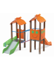 Mini torre doppia con tetto, pali in alluminio rifiniti legno light, 1 scivolo in acciao e 1 in polietilene - cm 330x362x264h