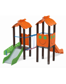 Mini torre doppia con tetto, pali in alluminio rifiniti legno dark, 1 scivolo in acciaio e 1 in polietilene - cm 330x362x264h