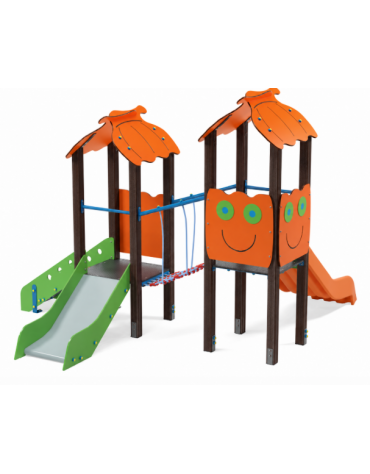 Mini torre doppia con tetto, pali in alluminio rifiniti legno dark, 1 scivolo in acciao e 1 in polietilene - cm 330x362x264h