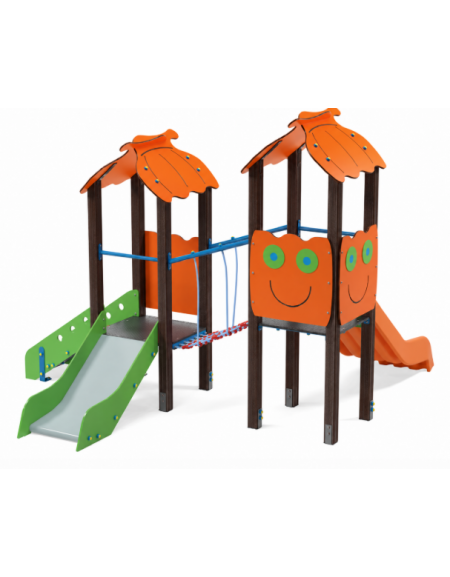 Mini torre doppia con tetto, pali in alluminio rifiniti legno dark, 1 scivolo in acciao e 1 in polietilene - cm 330x362x264h