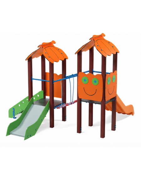 Mini torre doppia con tetto, pali in plastica riciclata, 1 scivolo in acciao e 1 in polietilene - cm 330x362x264h