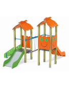Mini torre doppia con tetto, pali in legno di pino nordico, 1 scivolo in acciao e 1 in polietilene - cm 330x362x264h
