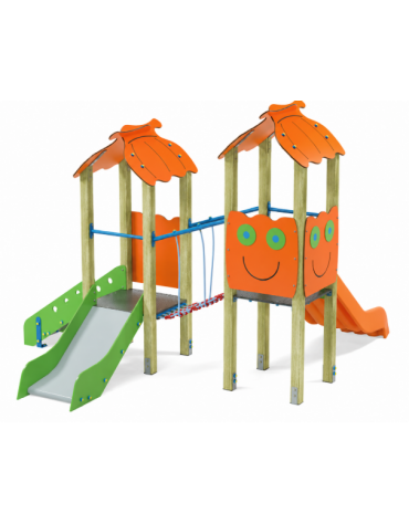 Mini torre doppia con tetto, pali in legno di pino nordico, 1 scivolo in acciao e 1 in polietilene - cm 330x362x264h