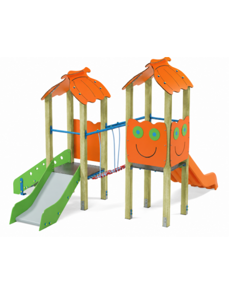 Mini torre doppia con tetto, pali in legno di pino nordico, 1 scivolo in acciao e 1 in polietilene - cm 330x362x264h