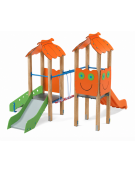 Mini torre doppia con tetto, pali in legno termotrattato, 1 scivolo in acciaio e 1 in polietilene - cm 330x362x264h