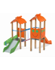 Mini torre doppia con tetto, pali in legno termotrattato, 1 scivolo in acciaio e 1 in polietilene - cm 330x362x264h
