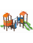 Mini torre doppia con tetto, struttura in alluminio rifinita in legno light, 2 scivoli in acciaio e step - cm 402x383x232h
