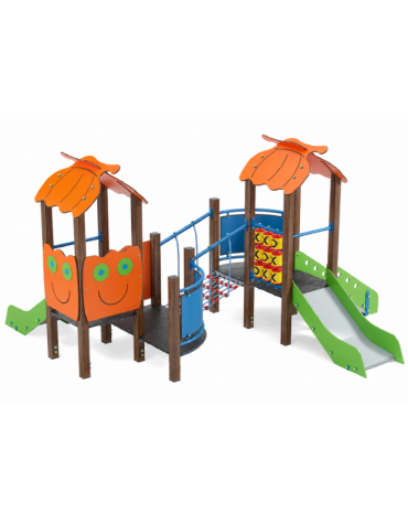 Mini torre doppia con tetto, struttura in alluminio rifinita in legno light, 2 scivoli in acciaio e step - cm 402x383x232h