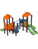 Mini torre doppia con tetto, struttura in alluminio rifinita in legno dark, 2 scivoli in acciaio e step - cm 402x383x232h