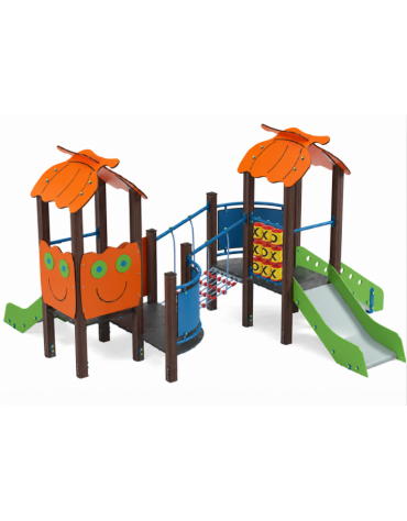 Mini torre doppia con tetto, struttura in alluminio rifinita in legno dark, 2 scivoli in acciaio e step - cm 402x383x232h