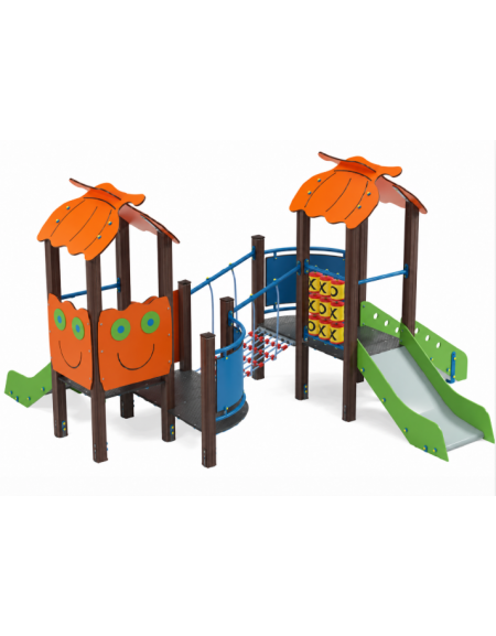 Mini torre doppia con tetto, struttura in alluminio rifinita in legno dark, 2 scivoli in acciaio e step - cm 402x383x232h