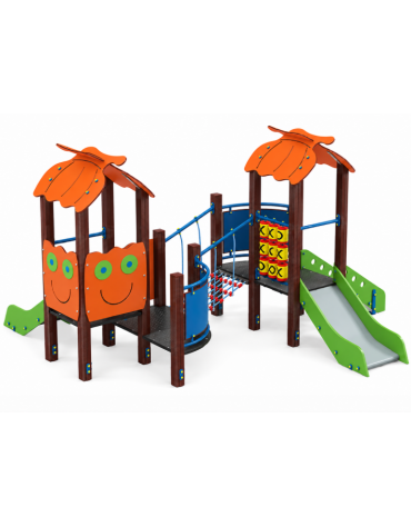 Mini torre doppia con tetto, struttura in plastica riciclata, 2 scivoli in acciaio e step - cm 402x383x232h