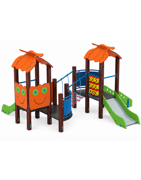 Mini torre doppia con tetto, struttura in plastica riciclata, 2 scivoli in acciaio e step - cm 402x383x232h