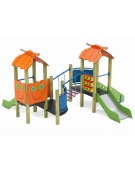 Mini torre doppia con tetto, struttura in legno di pino nordico, 2 scivoli in acciaio e step - cm 402x383x232h