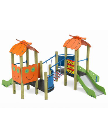 Mini torre doppia con tetto, struttura in legno di pino nordico, 2 scivoli in acciaio e step - cm 402x383x232h