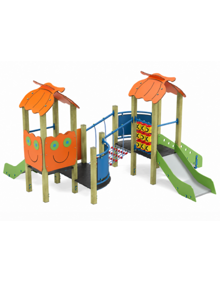 Mini torre doppia con tetto, struttura in legno di pino nordico, 2 scivoli in acciaio e step - cm 402x383x232h