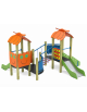 Mini torre doppia con tetto, struttura in legno di pino nordico, 2 scivoli in acciaio e step - cm 402x383x232h