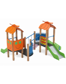 Mini torre doppia con tetto, struttura in legno termotrattato, 2 scivoli in acciaio e step - cm 402x383x232h