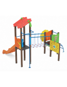 Torre doppia (1 con tetto), struttura in alluminio rifinita in legno light - scivolo in polietilene - cm 423x368x317h