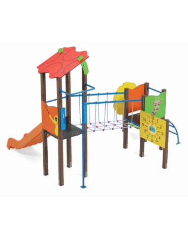 Torre doppia (1 con tetto), struttura in alluminio rifinita in legno light - scivolo in polietilene - cm 423x368x317h