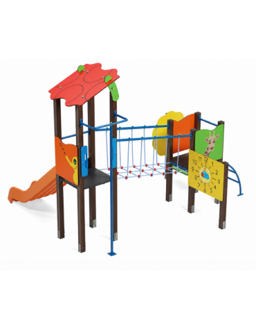 Torre doppia (1 con tetto), struttura in alluminio rifinita in legno dark - scivolo in polietilene - cm 423x368x317h