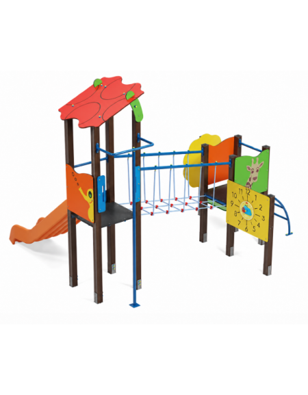 Torre doppia (1 con tetto), struttura in alluminio rifinita in legno dark - scivolo in polietilene - cm 423x368x317h