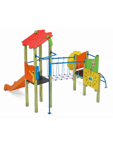 Torre doppia (1 con tetto), struttura in legno di pino nordico - scivolo in polietilene - cm 423x368x317h