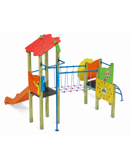 Torre doppia (1 con tetto), struttura in legno di pino nordico - scivolo in polietilene - cm 423x368x317h