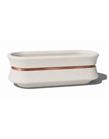 Fioriera ovale in cemento calcestruzzo - colore Bianco pietra - con fascia color rame - cm 130x60x65h - Conforme ai CAM