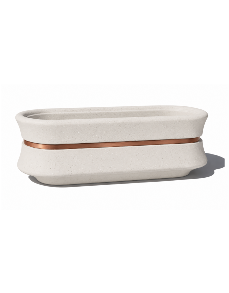 Fioriera ovale in cemento calcestruzzo - colore Bianco pietra - con fascia color rame - cm 130x60x65h - Conforme ai CAM