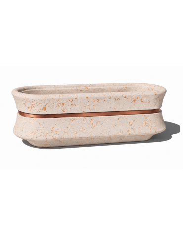 Fioriera ovale in cemento calcestruzzo colore Bianco travertino - con fascia color rame - cm 130x60x65h - Conforme ai CAM
