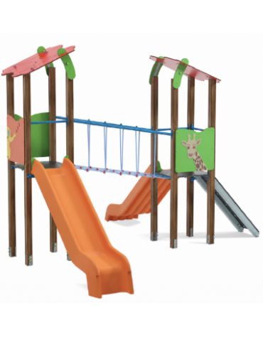 Torre doppia teen con tetto, struttura in alluminio rifinita legno light - 2 scivoli in polietilene - cm 455x504x337h