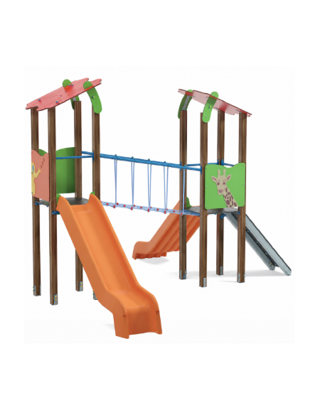 Torre doppia teen con tetto, struttura in alluminio rifinita legno light - 2 scivoli in polietilene - cm 455x504x337h