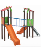 Torre doppia teen con tetto, struttura in alluminio rifinita legno dark - 2 scivoli in polietilene - cm 455x504x337h