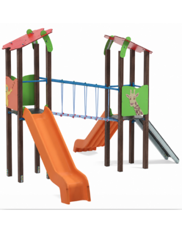 Torre doppia teen con tetto, struttura in alluminio rifinita legno dark - 2 scivoli in polietilene - cm 455x504x337h