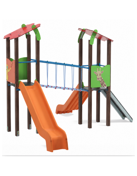 Torre doppia teen con tetto, struttura in alluminio rifinita legno dark - 2 scivoli in polietilene - cm 455x504x337h