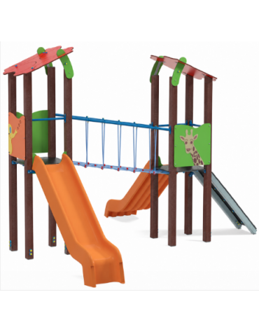 Torre doppia teen con tetto, struttura in plastica riciclata - 2 scivoli in polietilene - cm 455x504x337h