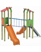 Torre doppia teen con tetto, struttura in legno di pino nordico - 2 scivoli in polietilene - cm 455x504x337h