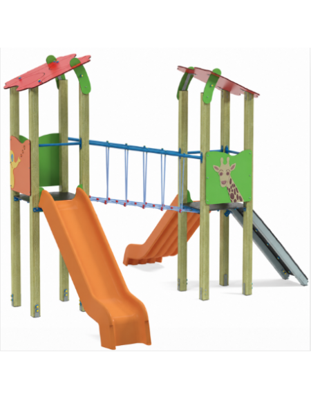 Torre doppia teen con tetto, struttura in legno di pino nordico - 2 scivoli in polietilene - cm 455x504x337h