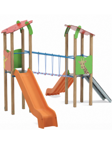 Torre doppia teen (1 con tetto), struttura in legno termotrattato - 2 scivoli in polietilene - cm 455x504x337h
