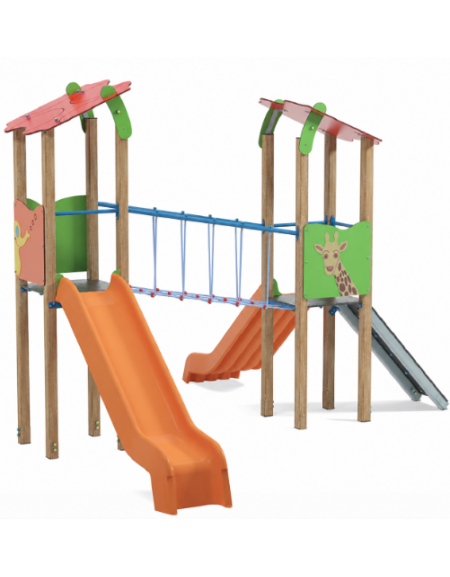 Torre doppia teen (1 con tetto), struttura in legno termotrattato - 2 scivoli in polietilene - cm 455x504x337h
