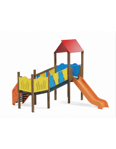 Baby Villaggio, 2 torri con pali in alluminio rifiniti legno light, scivolo in polietilene - scala in lamiera - cm 395x370x330h