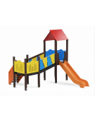 Baby Villaggio, 2 torri con pali in alluminio rifiniti in legno dark, scivolo in polietilene - scala in lamiera -cm 395x370x330h