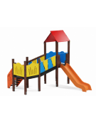 Baby Villaggio, 2 torri con pali in plastica riciclata, scivolo in polietilene - scala in lamiera - cm 395x370x330h