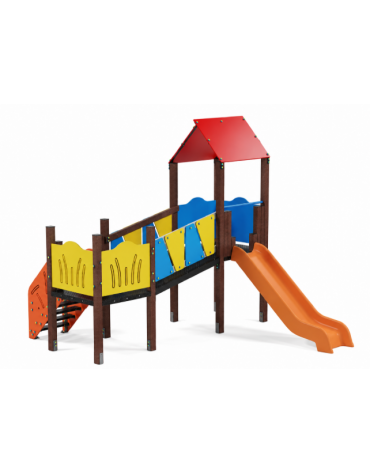 Baby Villaggio, 2 torri con pali in plastica riciclata, scivolo in polietilene - scala in lamiera - cm 395x370x330h