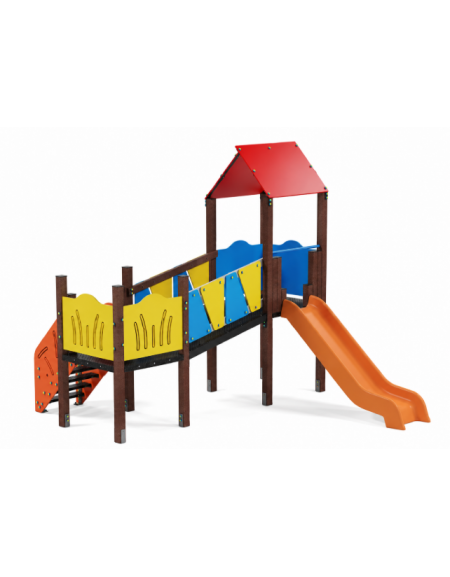Baby Villaggio, 2 torri con pali in plastica riciclata, scivolo in polietilene - scala in lamiera - cm 395x370x330h