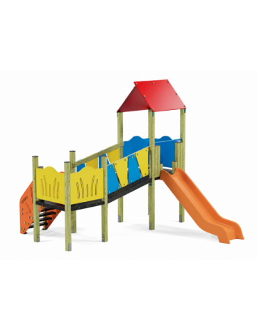 Baby Villaggio, 2 torri con pali in legno di pino, scivolo in polietilene - scala in lamiera - cm 395x370x330h