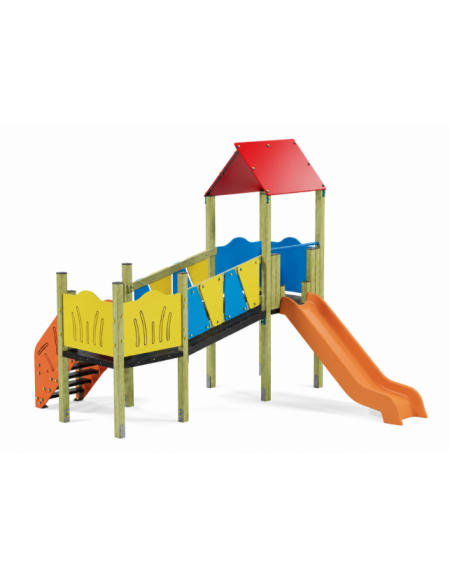 Baby Villaggio, 2 torri con pali in legno di pino, scivolo in polietilene - scala in lamiera - cm 395x370x330h